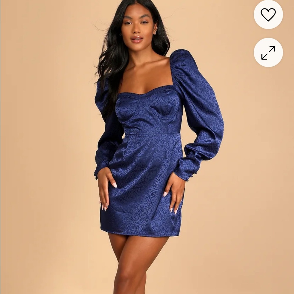 Lulu's Navy Blue Long Sleeve Puff Shoulder Mini Dress
